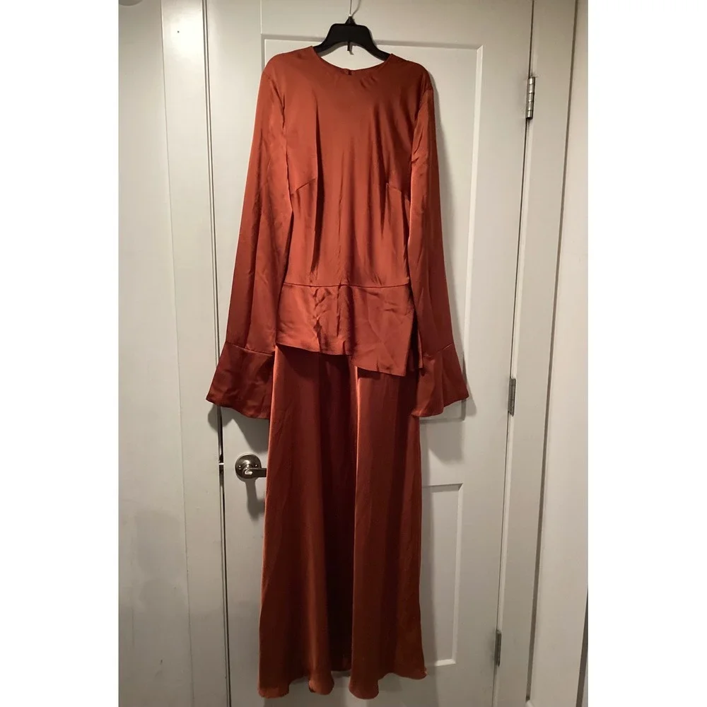 Few Moda Satin Open Back‎ Peplum Maxi Dress Burnt Orange Long Bell Sleeve Formal